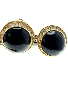 Authentic Dior Vtg 80s Black Onyx-Style Halo Clip-On Gold-Tone Crystal Earrings